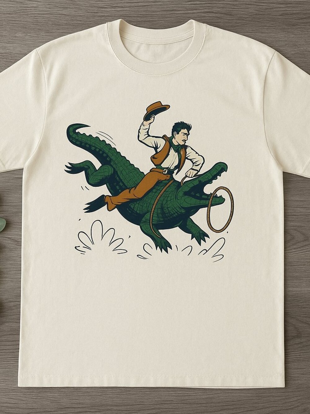 Cowboy Riding Alligator Funny Illustrated Graphic Tee White